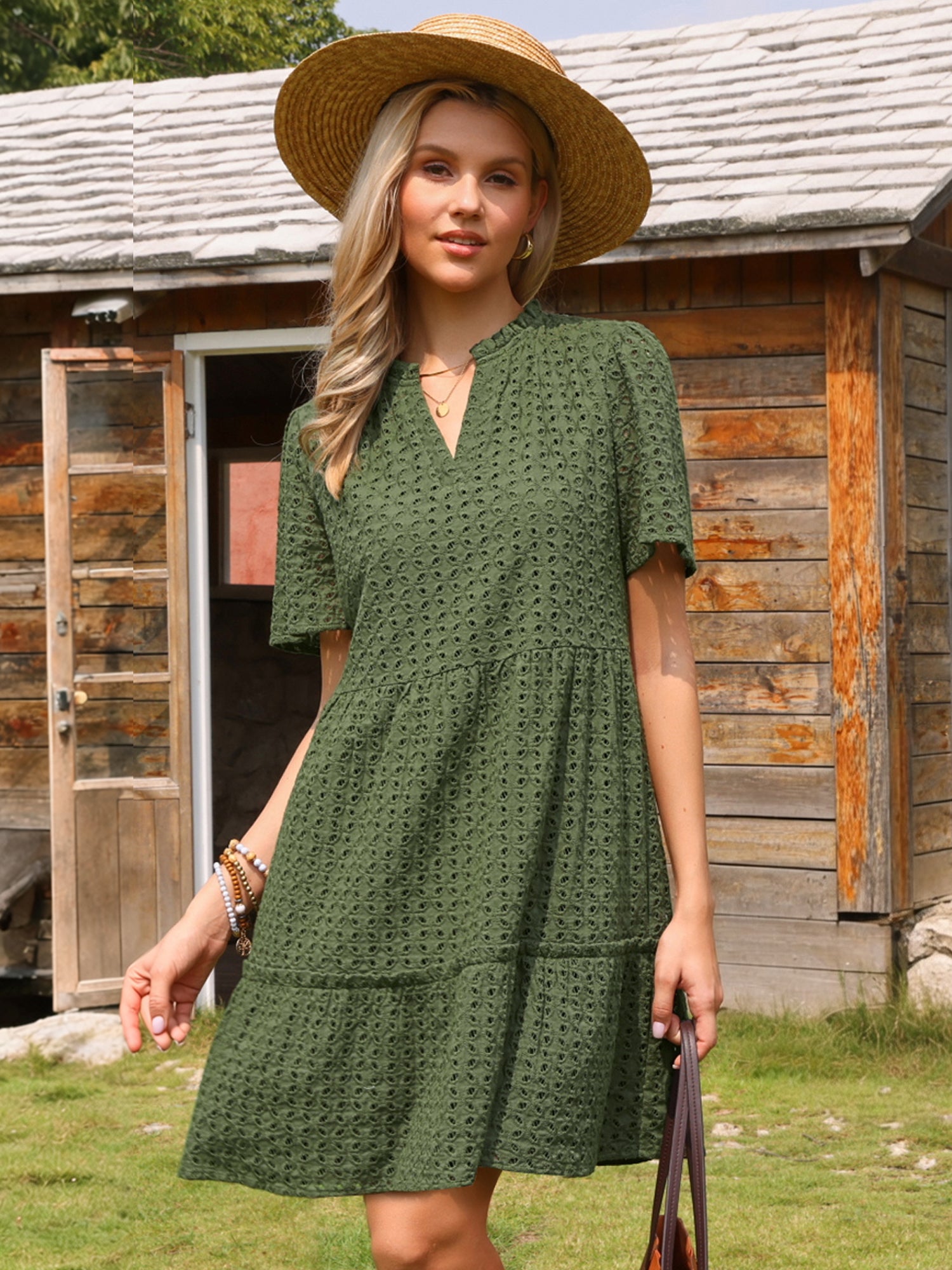 Eyelet Short Sleeve Notch Neck Tiered Vacation Mini Dress
