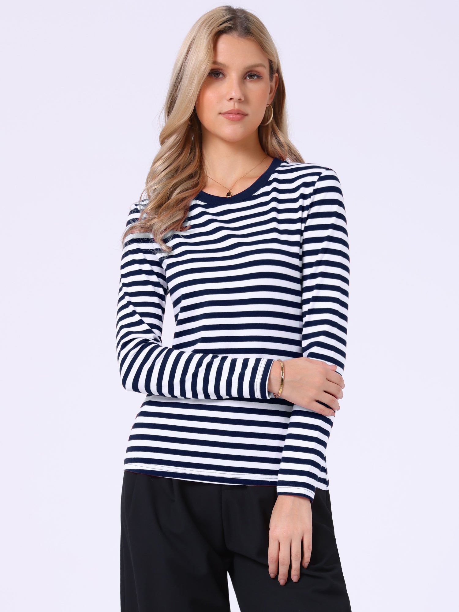 Striped Long Sleeve Crew Neck Casual Tops