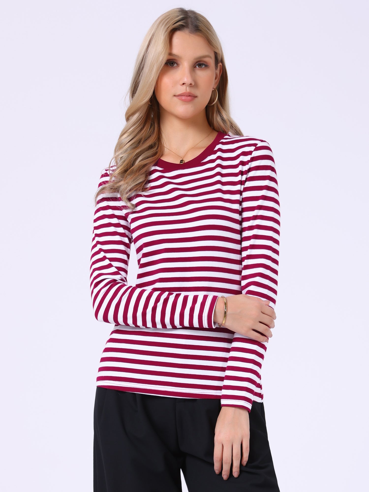 Striped Long Sleeve Crew Neck Casual Tops