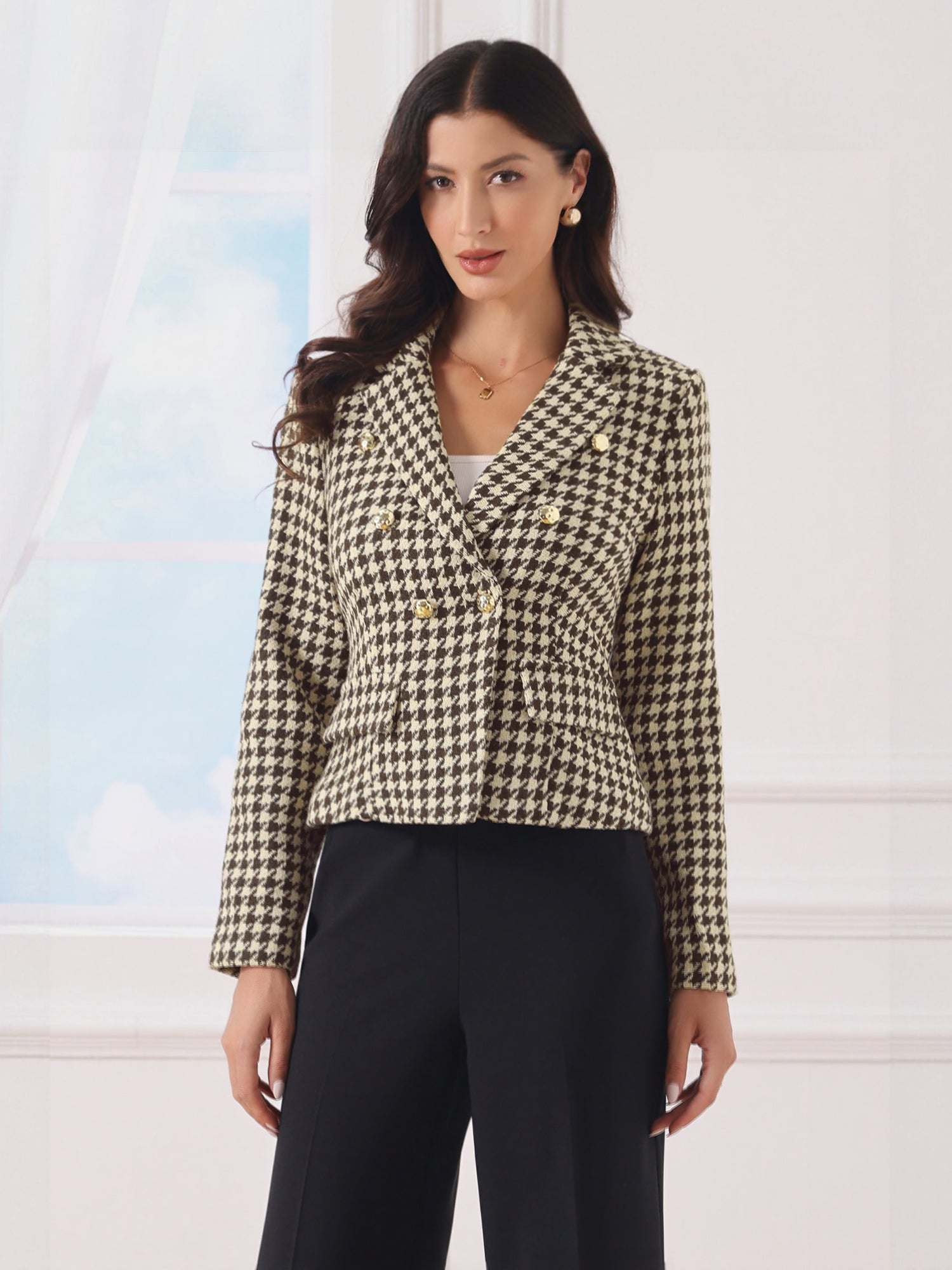 Notch Lapel Houndstooth Buttons Work Long Sleeves Blazer