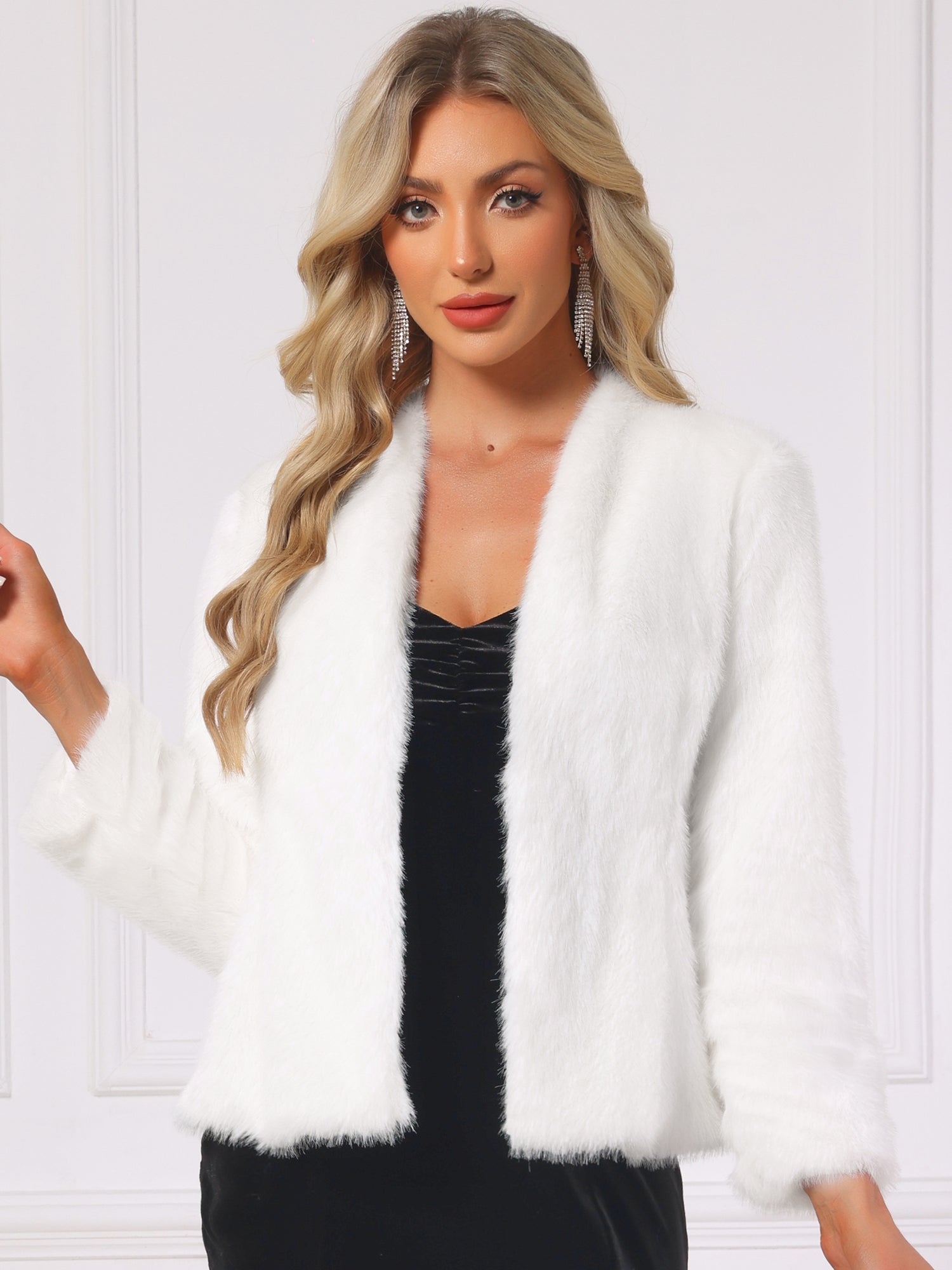 Faux Fur Long Sleeve Open Front Wedding Fluffy Coat