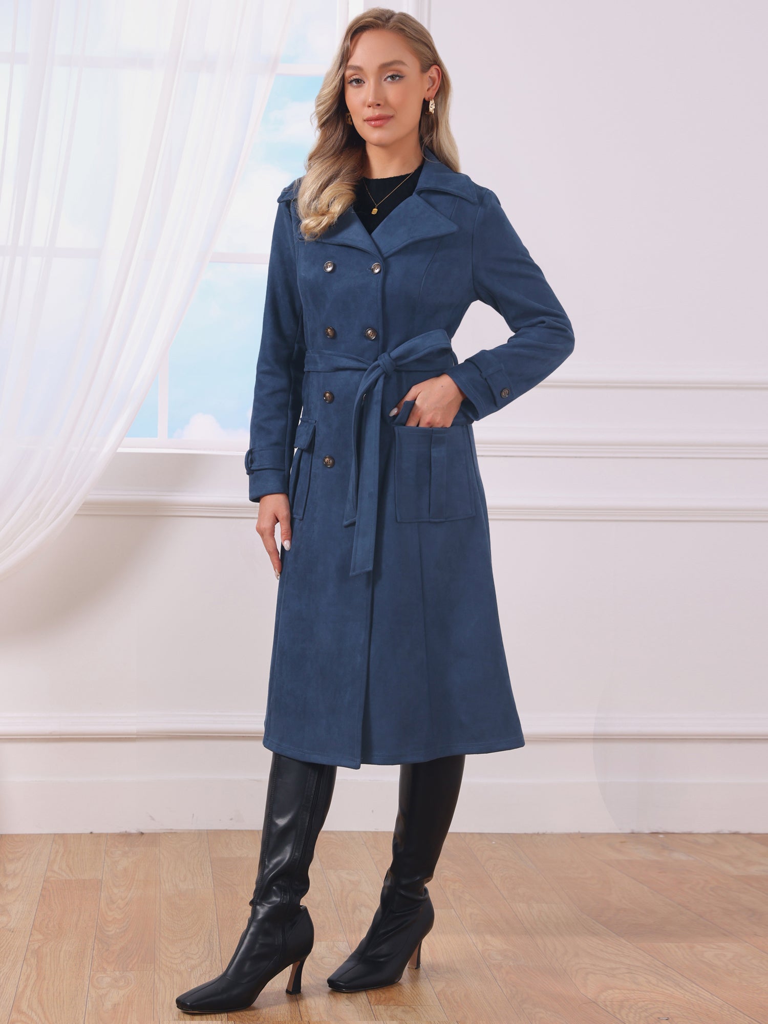 Faux Suede Notched Lapel Double Breasted Belted Long Sleeve Trench Coat