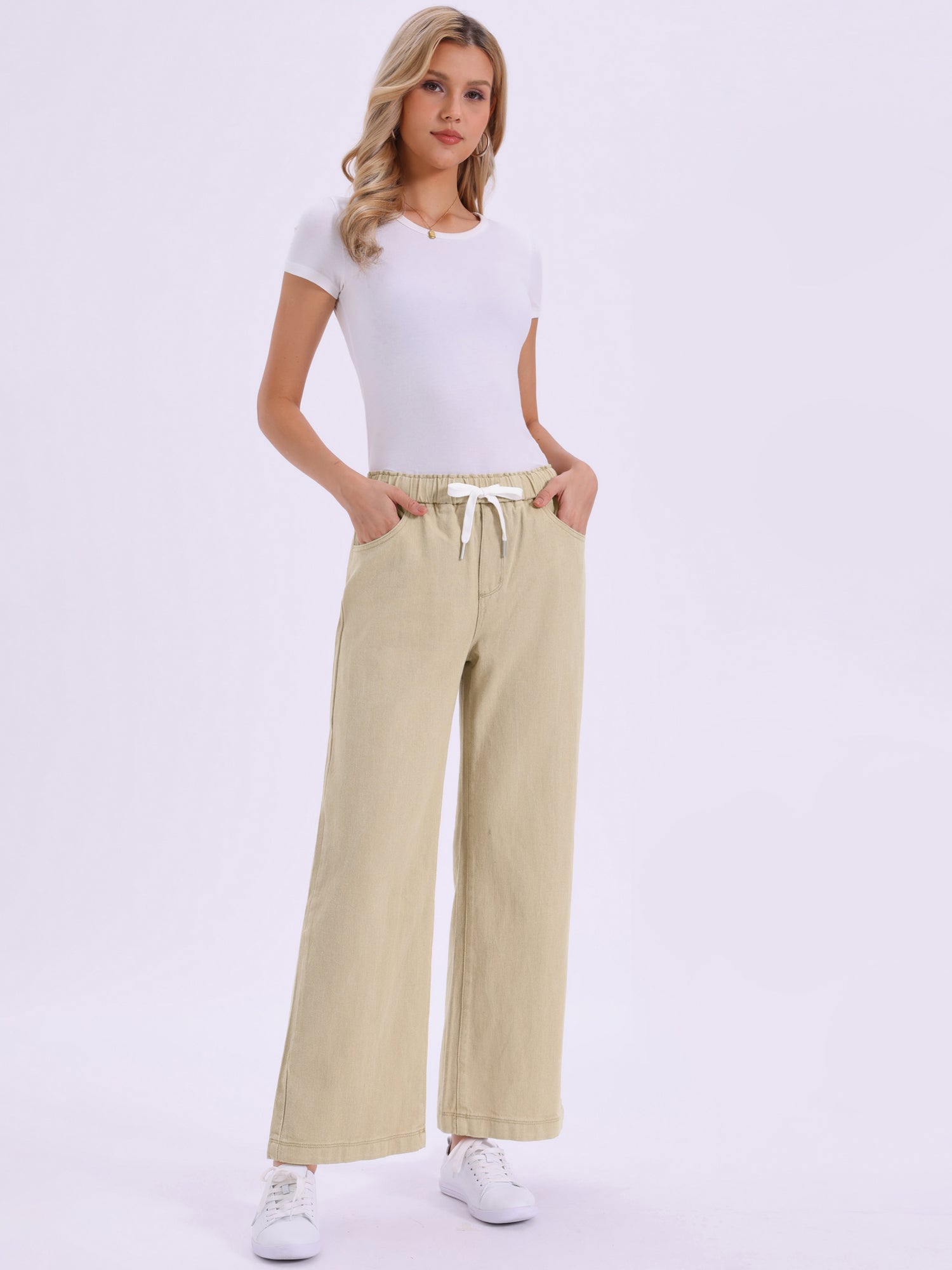 Casual Denim Pants Drawstring Elastic Waist Wide Legs Jeans