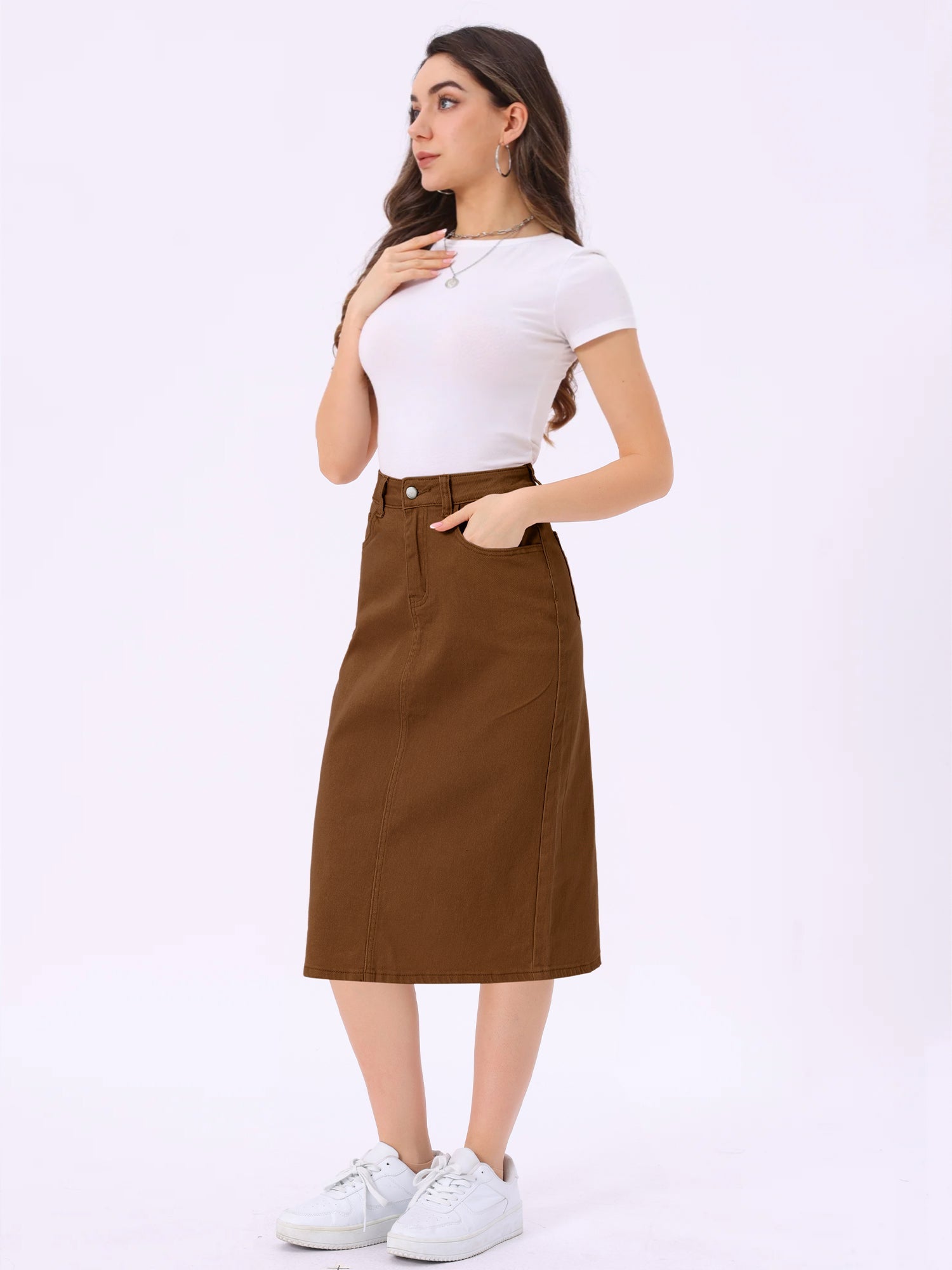 Casual Denim High Waist Stretchy Midi Pencil Jean Skirt