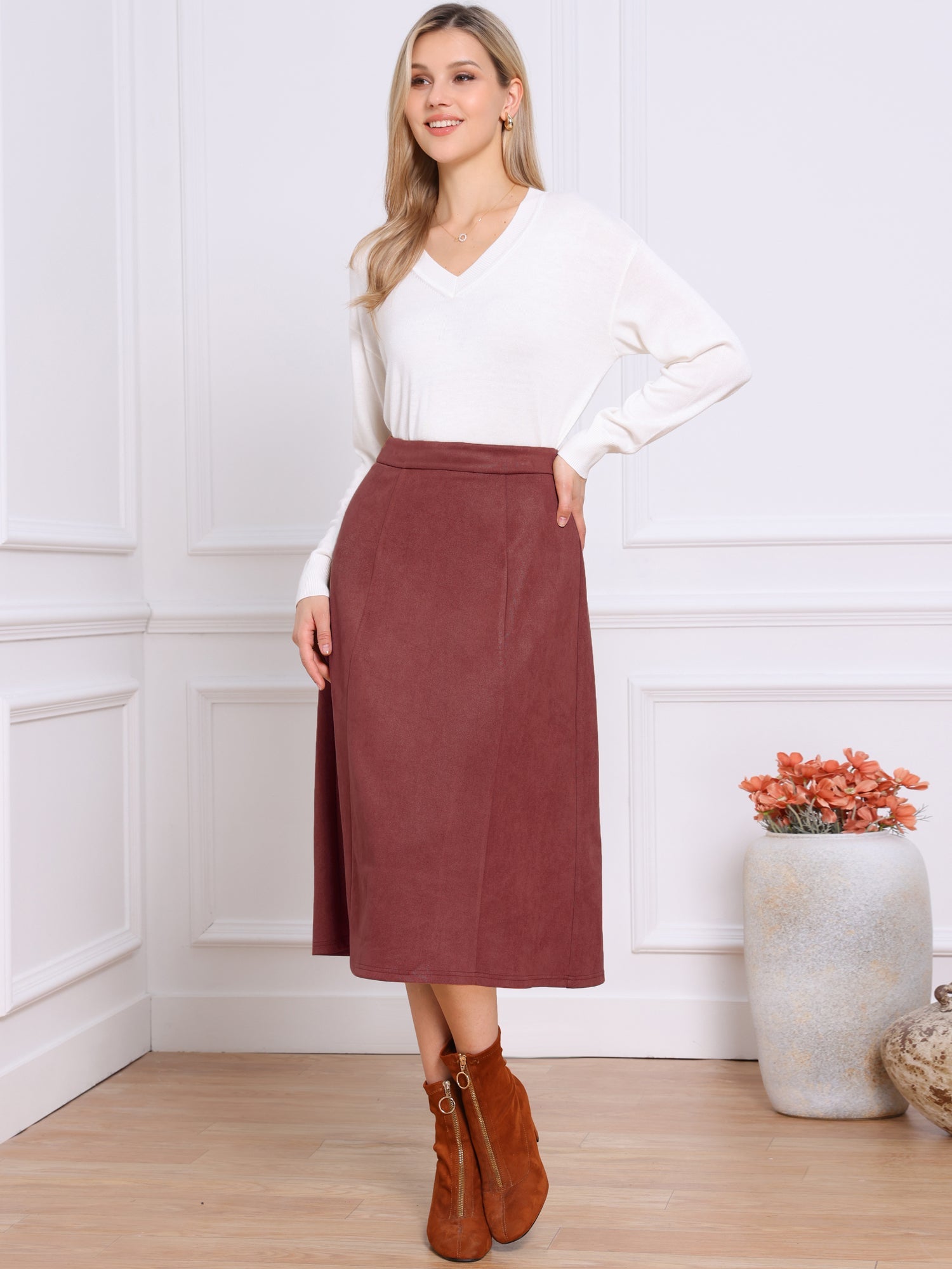 Faux Suede Casual A-Line Midi Skirts