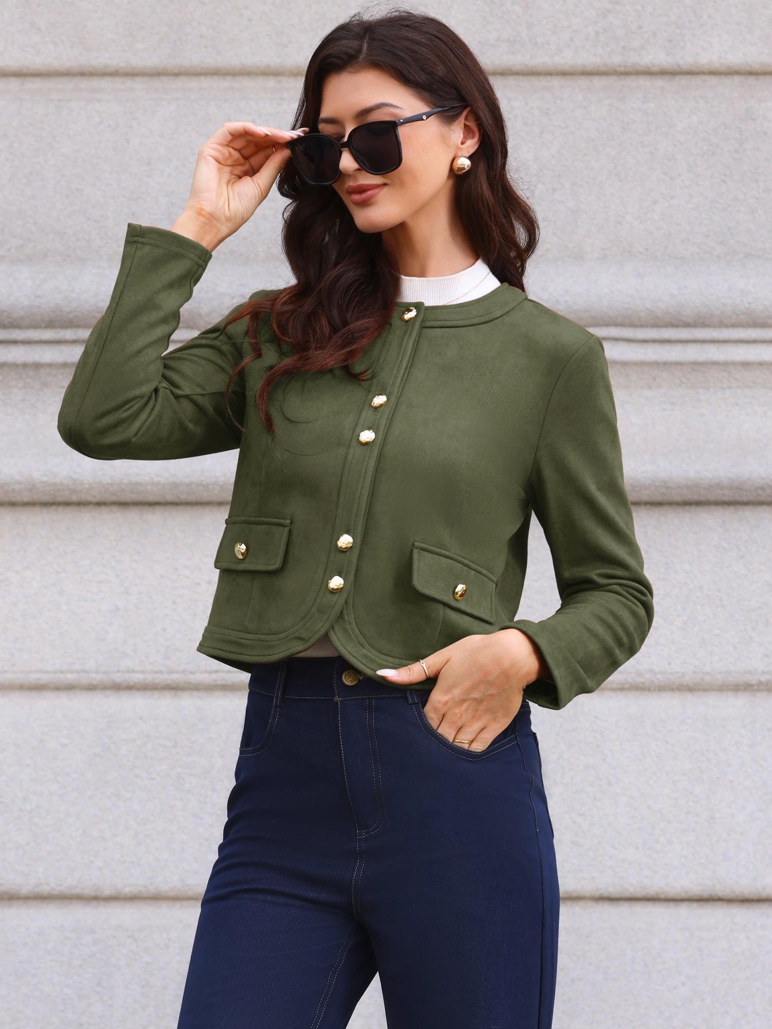 Crew Neck Long Sleeve Button Down Casual Cropped Jacket