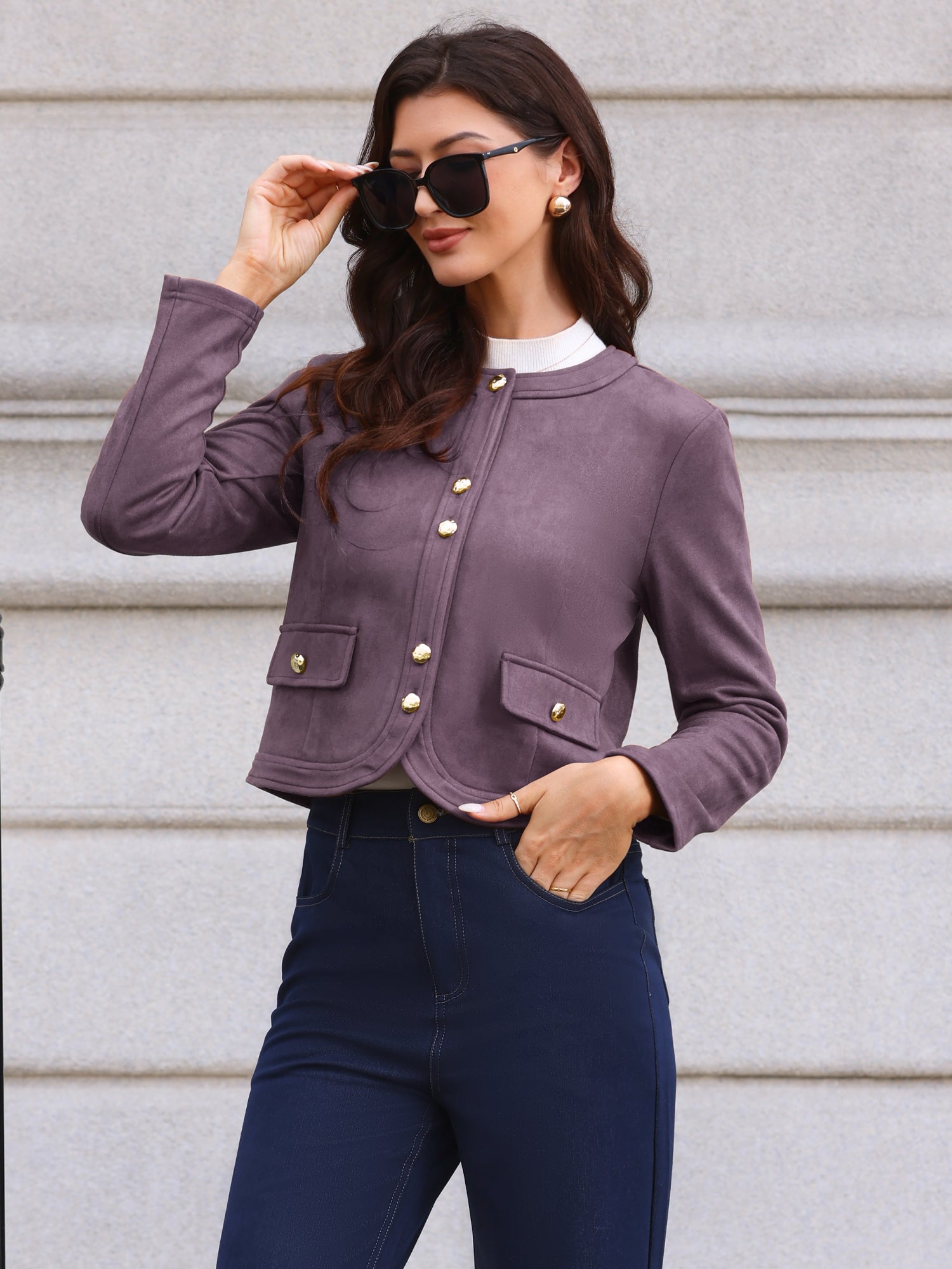 Crew Neck Long Sleeve Button Down Casual Cropped Jacket