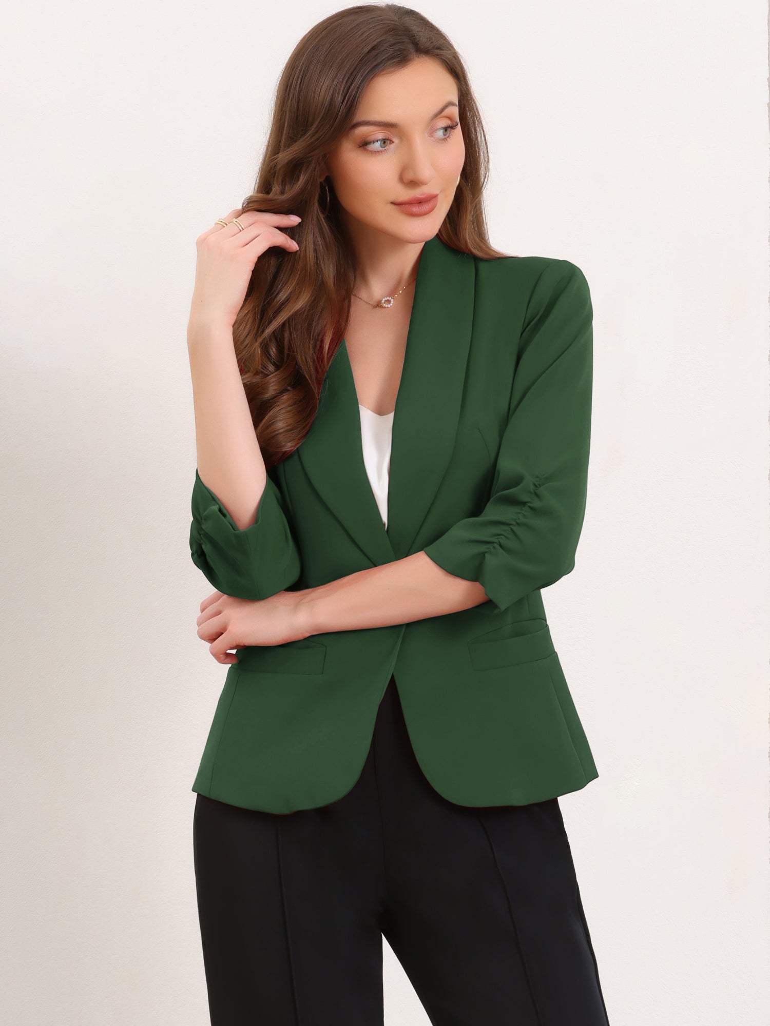Shawl Lapel Ruched 3/4 Sleeves Pocketed Single Button Office Blazer