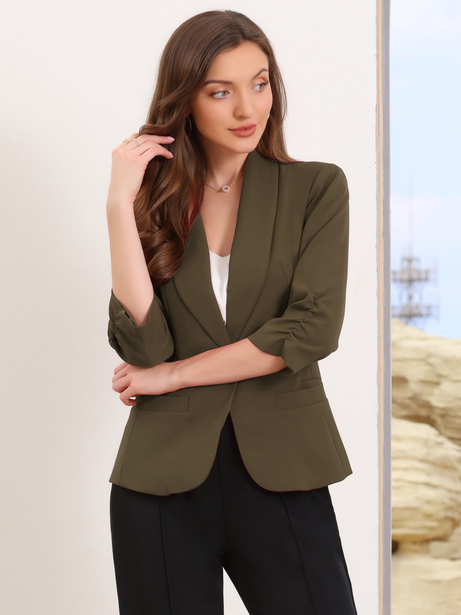 Shawl Lapel Ruched 3/4 Sleeves Pocketed Single Button Office Blazer