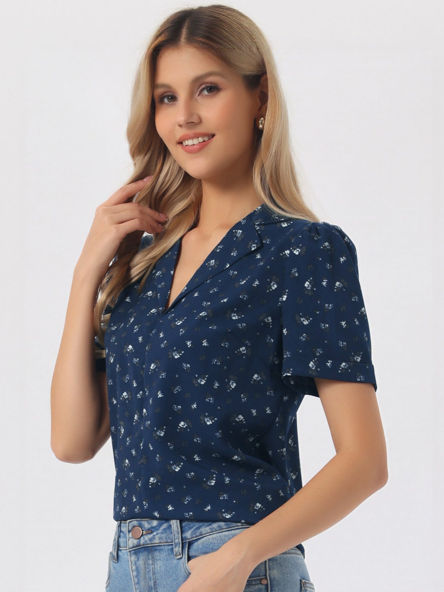 Short Sleeve Casual Cherry Print Notched Lapel Collar Shirt Blouse