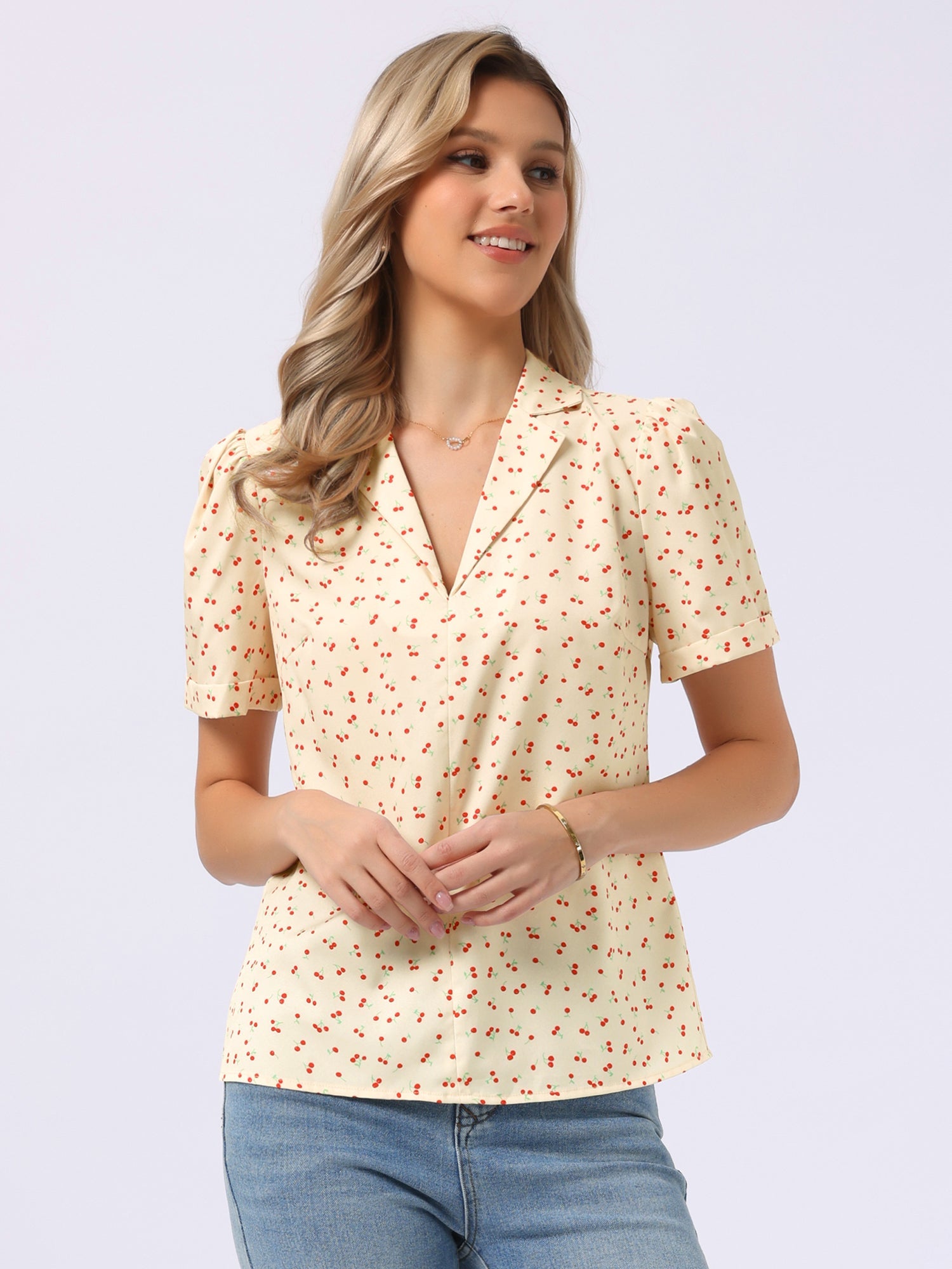 Short Sleeve Casual Cherry Print Notched Lapel Collar Shirt Blouse