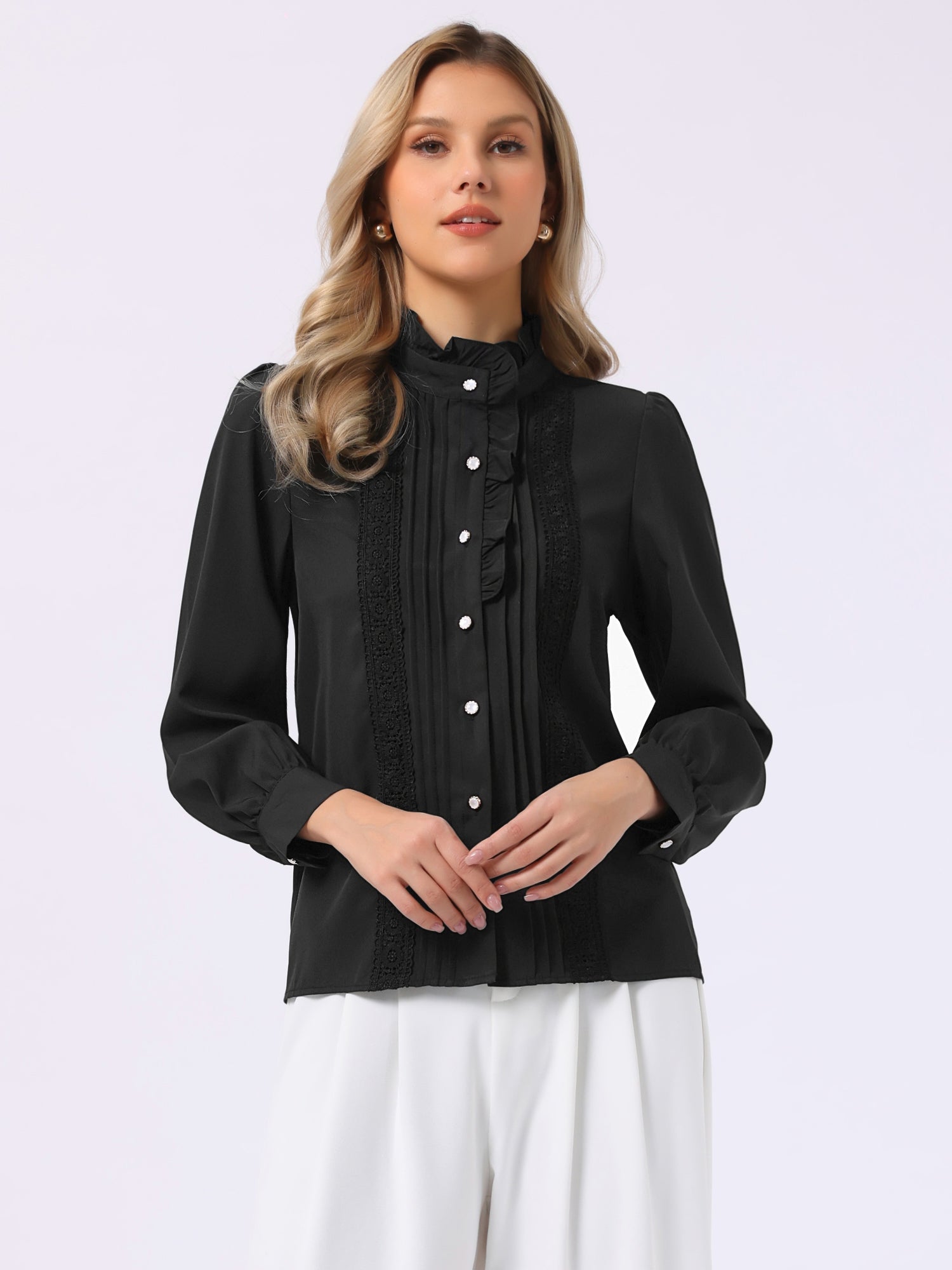 Ruffled Button Down Long Sleeve Work Shirts