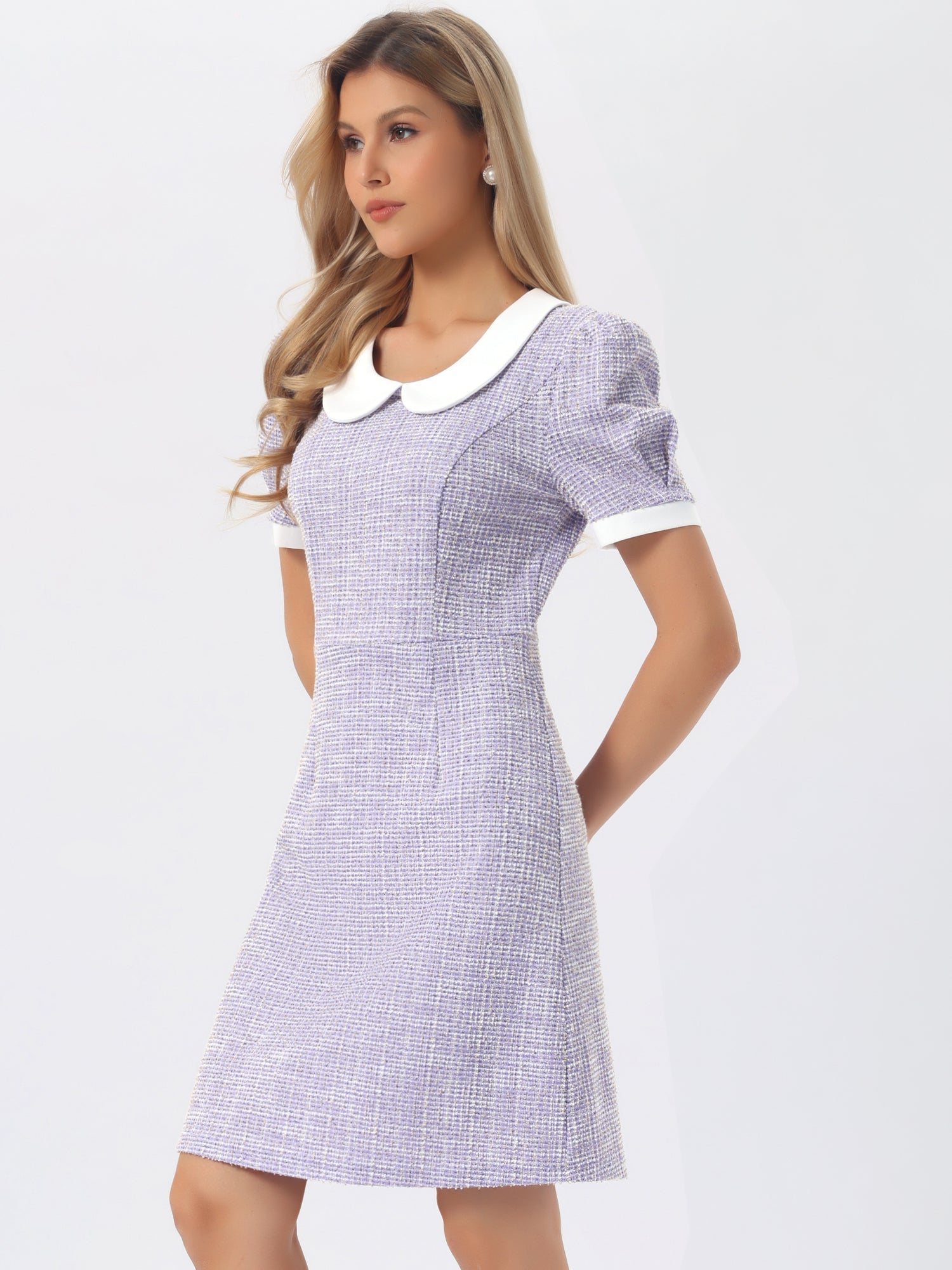 Tweed Peter Pan Collar Puff Short Sleeve A-line Midi Dress