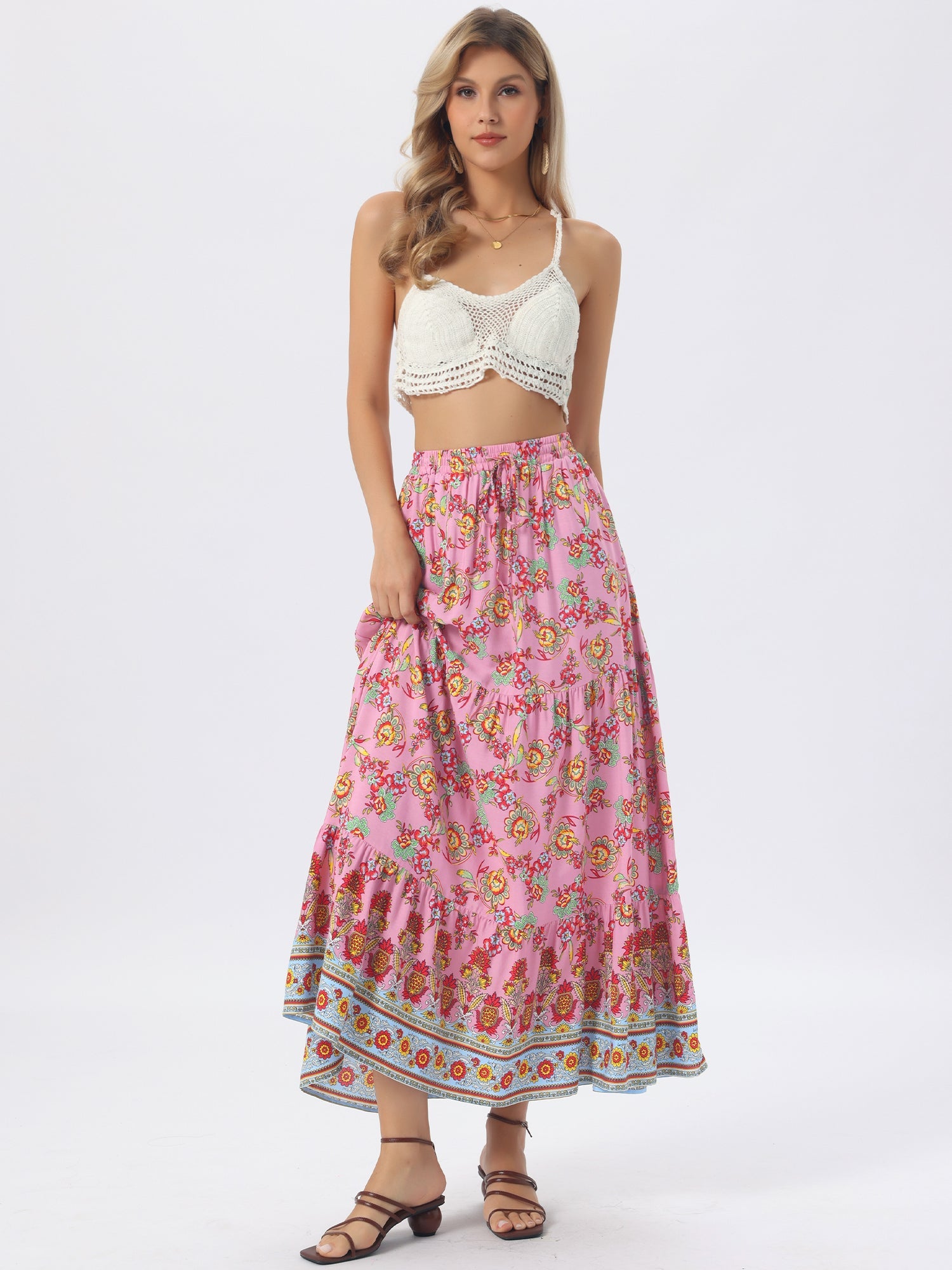 Boho Casual Bohemian Floral Printed Elastic Waist Maxi Skirt