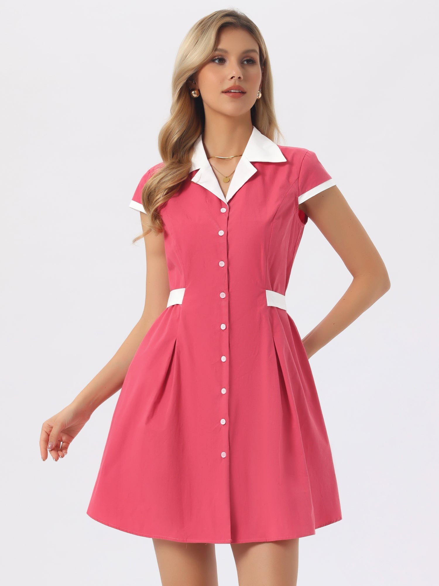 Retro Button Down Flat Collar Belted Office Mini Shirt Dress