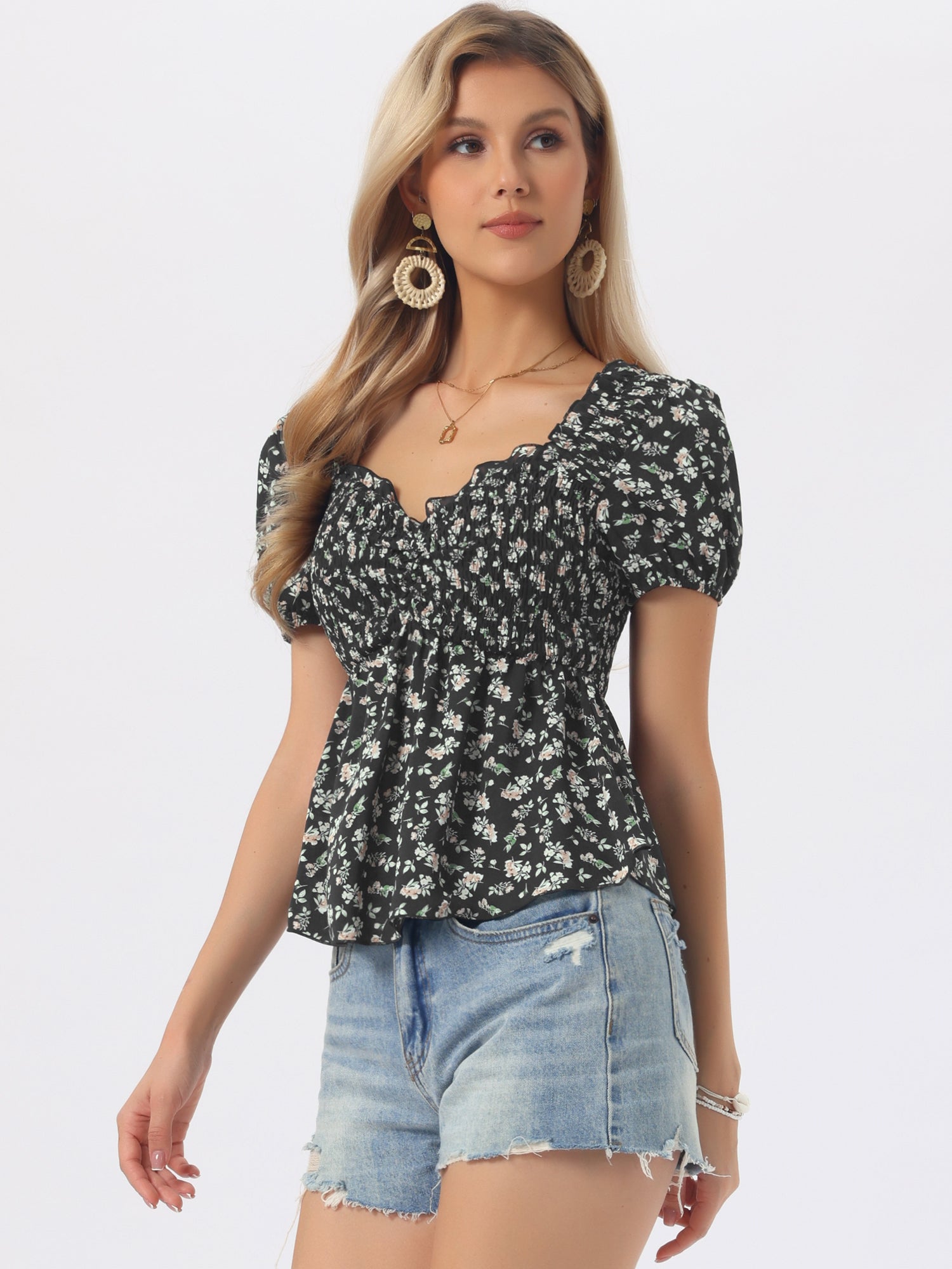 Puff Short Sleeve Floral Shirred Ruffle Peplum Blouse