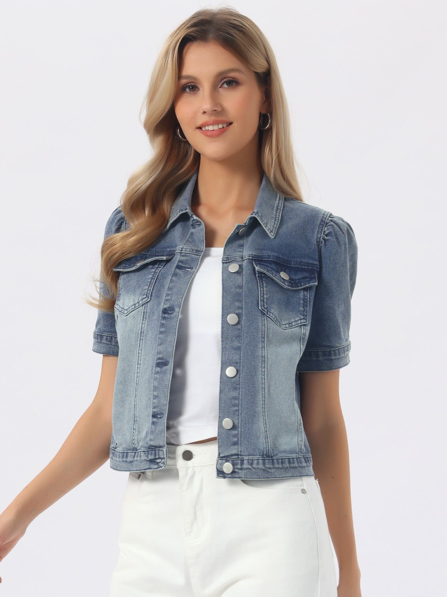 Casual Short Puff Sleeves Button-Down Jean Denim Jacket