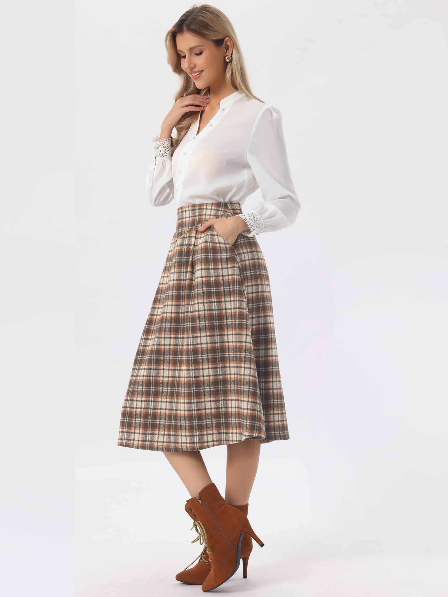 Plaid Vintage Pocketed Midi A-Line Skirt