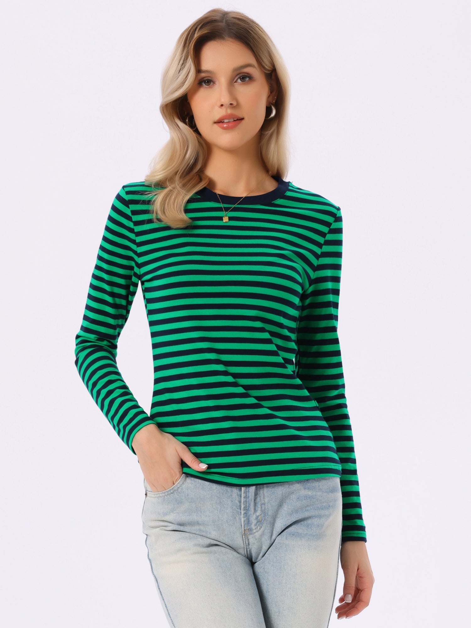 Striped Long Sleeve Crew Neck Casual Tops