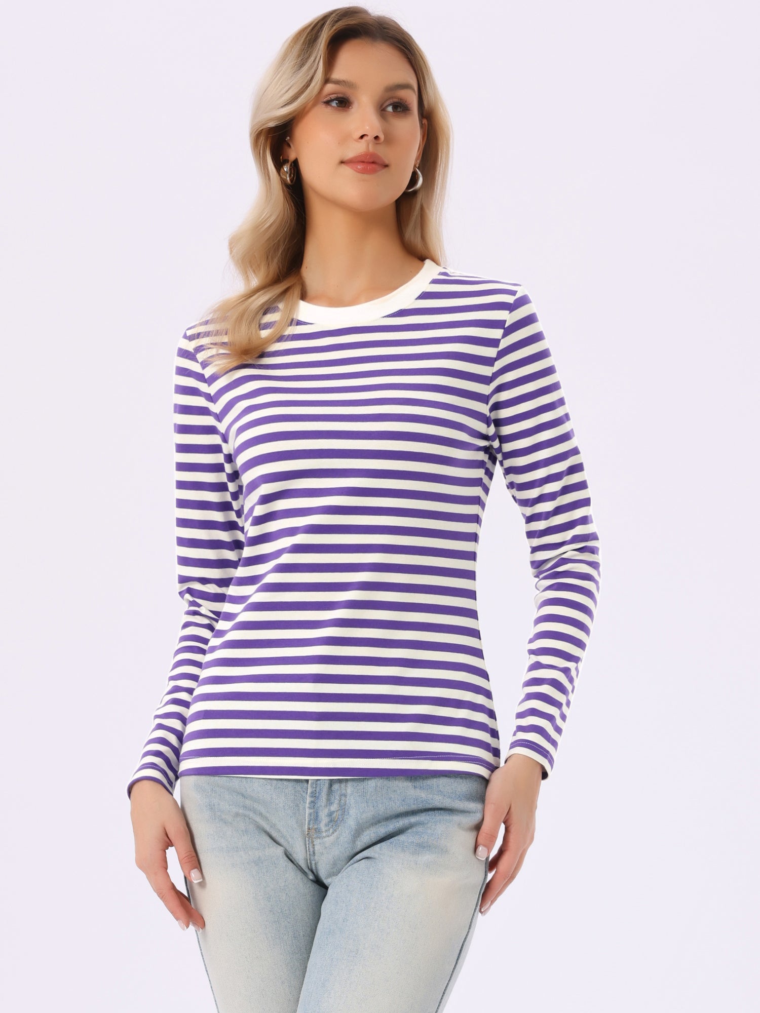 Striped Long Sleeve Crew Neck Casual Tops