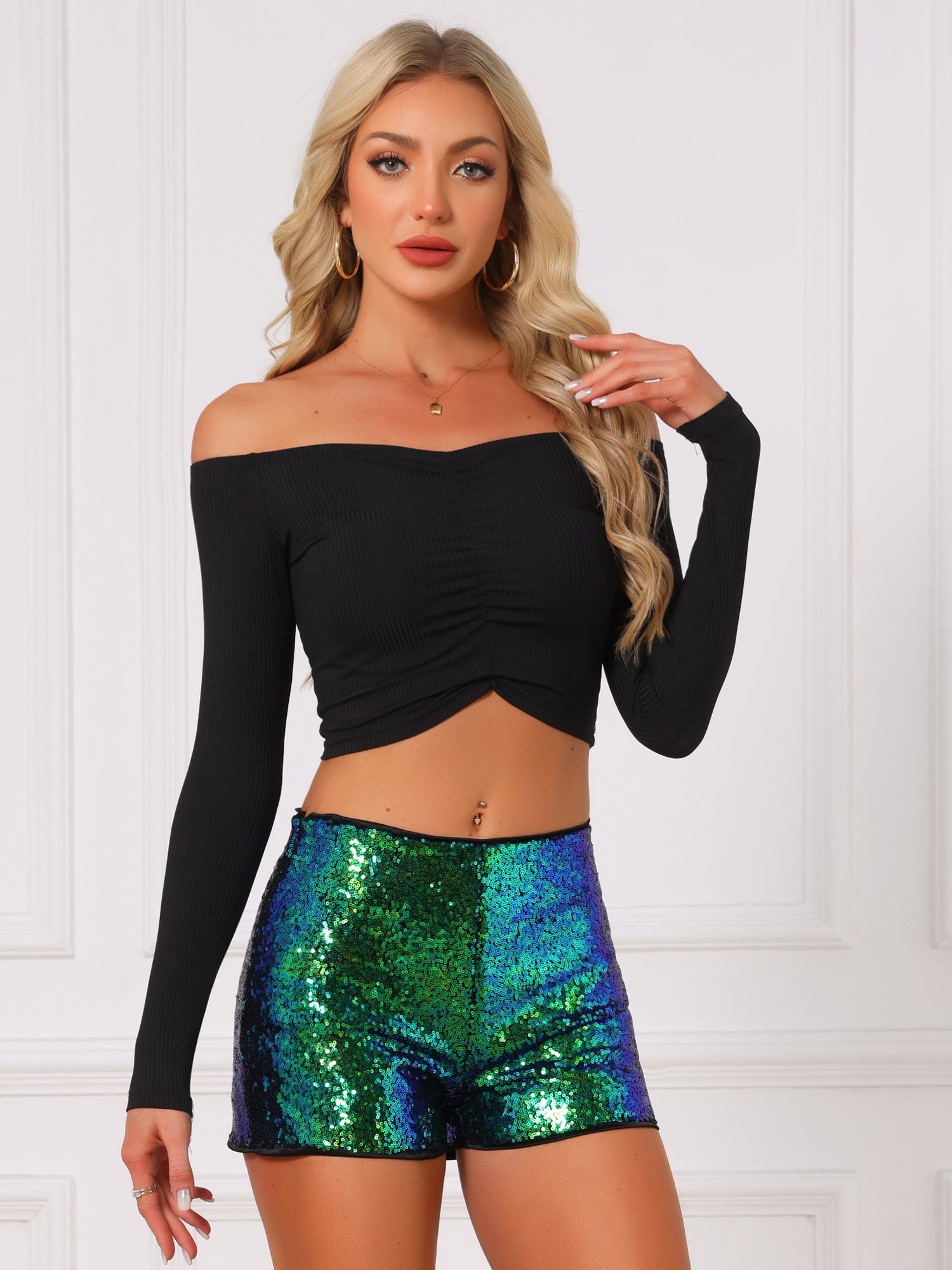 Sequin Midrise Solid Sparkle Cocktail Zipper Elastic Waist Shorts
