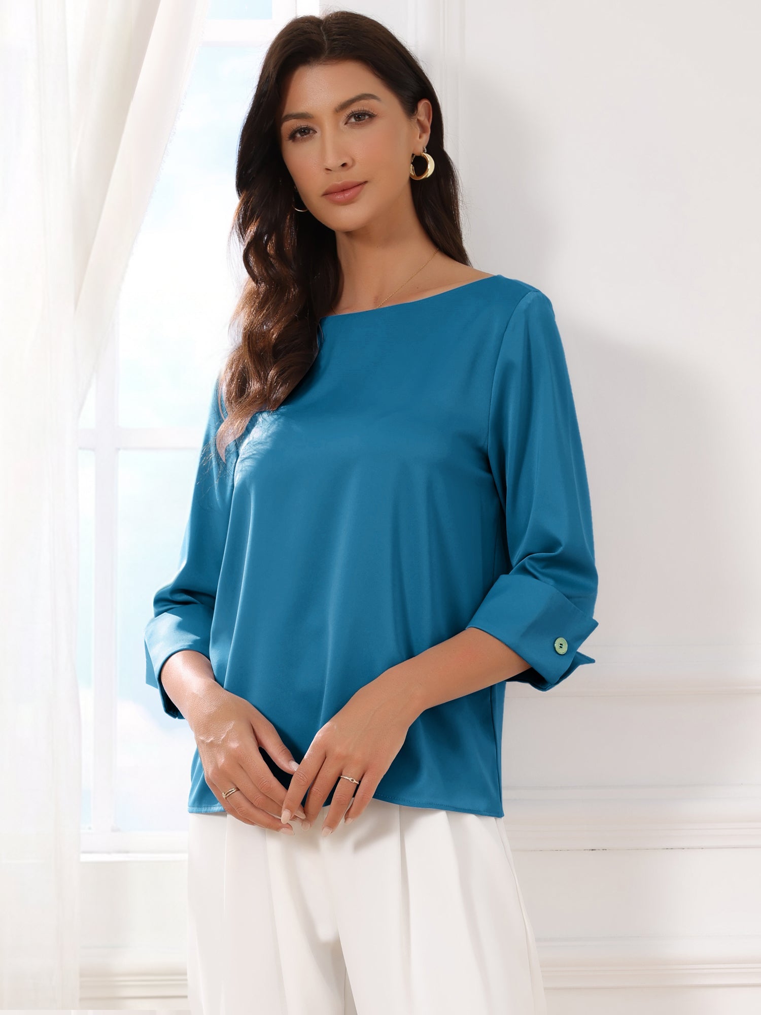 Dressy Casual Boat Neck 3/4 Sleeve Work Satin Blouse
