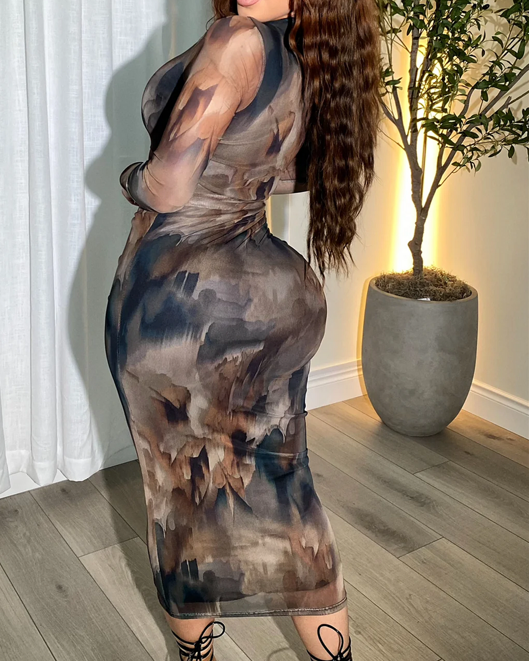 Elegant Long Sleeved Mesh Dress