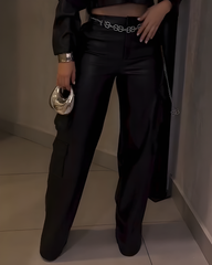 Women's Cargo Style Wide-Leg Leather Pants