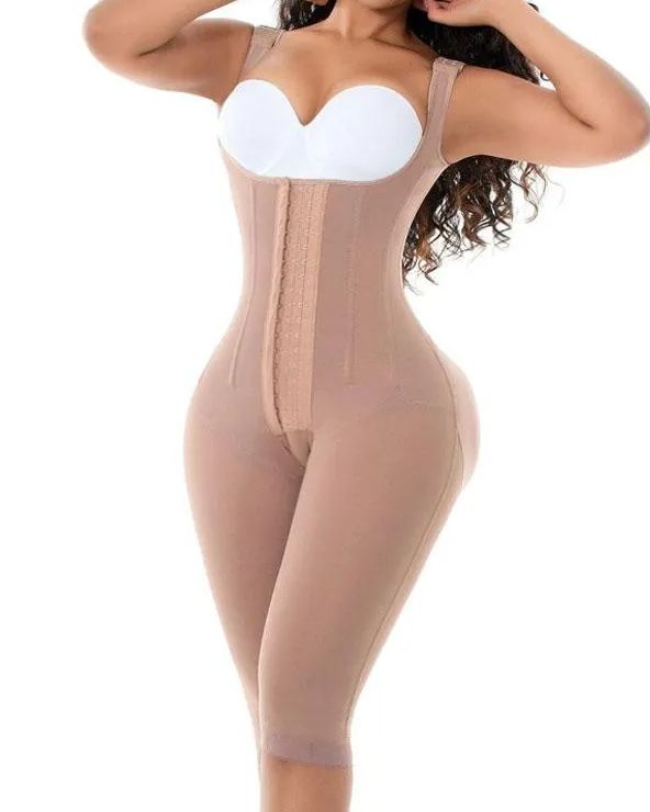 Women"s Compression Garment Three-Breasted Hook-Eye Shapewear Knee Length With Corset Boning