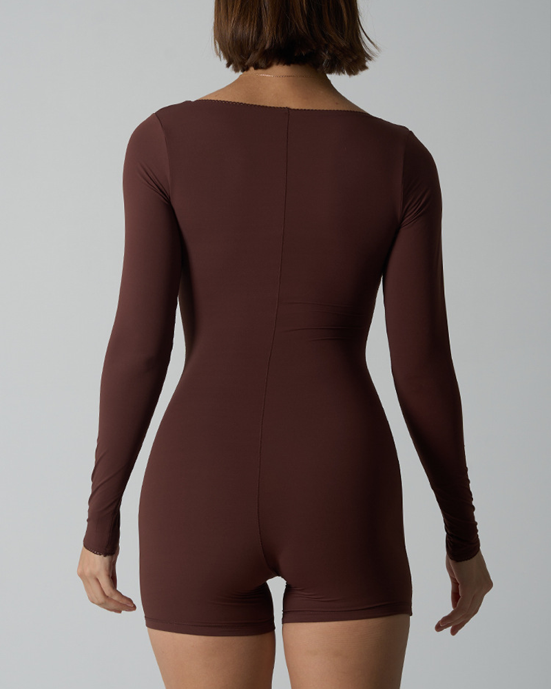 Lace Long-Sleeve Fitted Stretchy Square-Neck Bodysuit