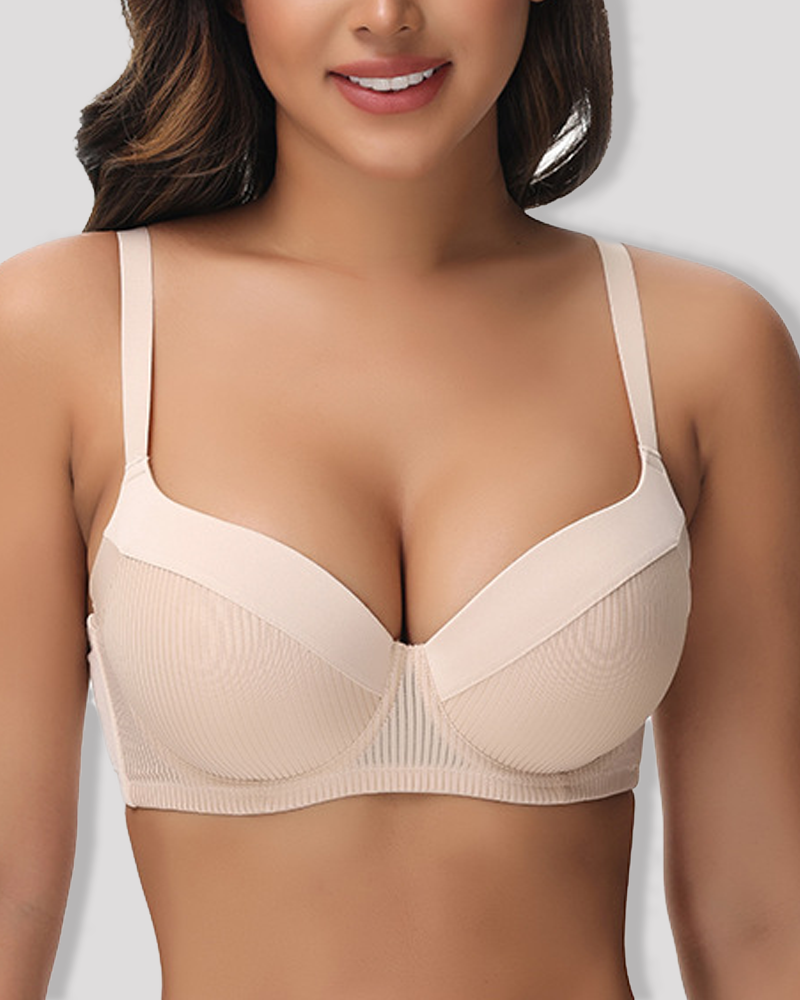 Vertical Rib Mesh Breathable Underwire Push Up Support Bra
