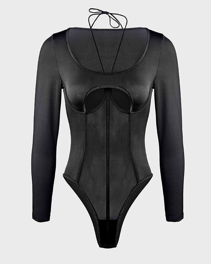 Mesh See-Through Hollowed-Out Long-Sleeved Underwire Bodysuit