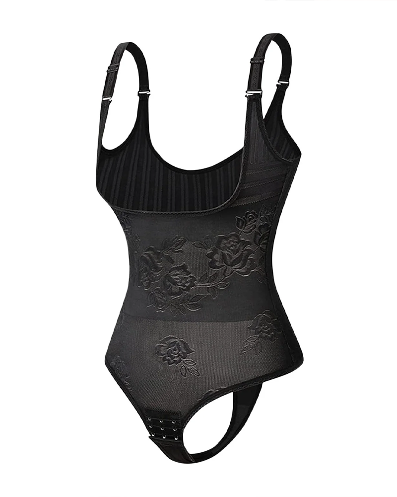 Flower Patterned Bodysuit With Exposed Chest Lifted Buttocks Tummy Control And Bust Support