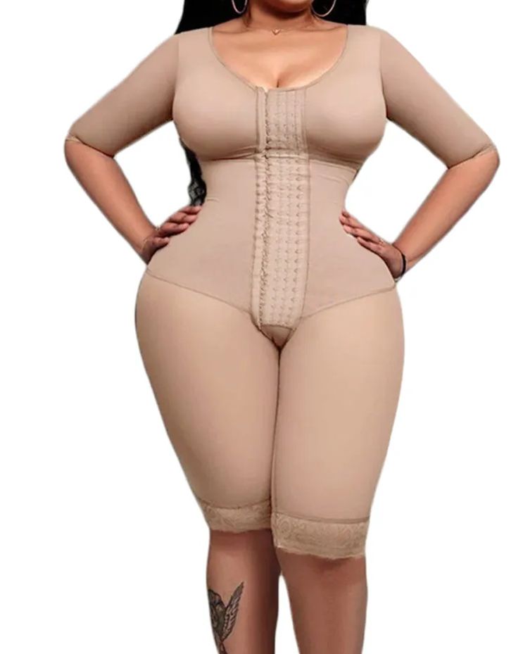 Full Body Support Arm Compression With Built In Bra Half Sleeve Mid Leg Bodysuit