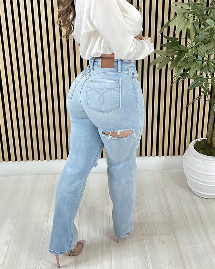 High Waisted Tummy Control Ripped Flared Jeans