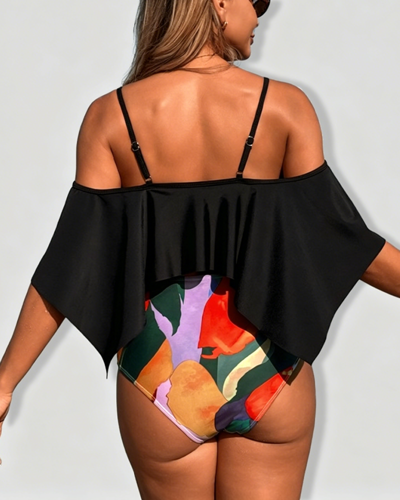 Off Shoulder Ruffle High Waist Printed Two Piece Bikini Swimsuit