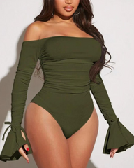 Off Shoulder Ruched Flare Sleeve Tie Bodysuit