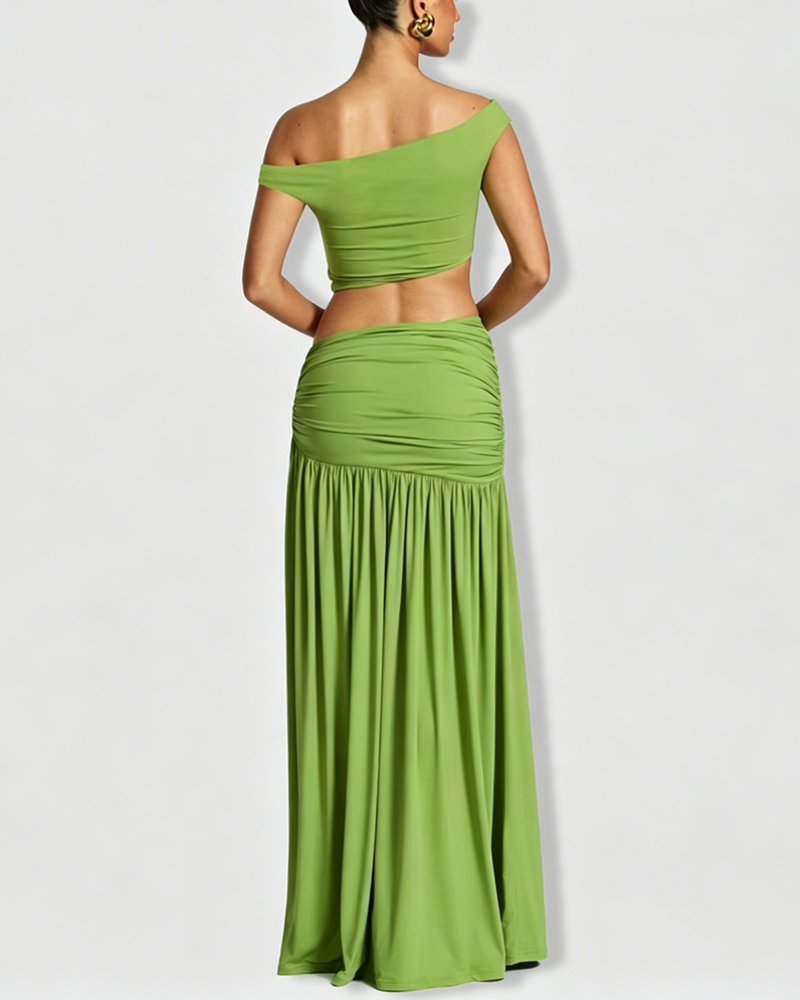 One Shoulder Sleeveless Cami Top & Ruched Side Slit Bodycon Maxi Dress Set