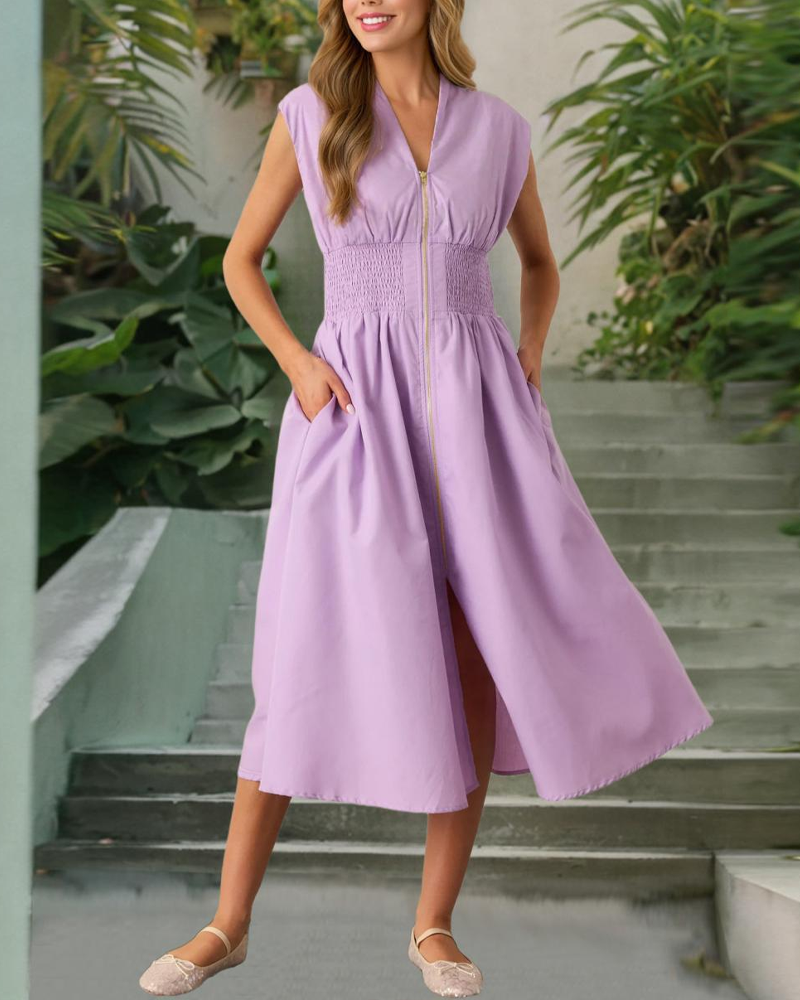 V-Neck Sleeveless Ruched High Slit Zipper Maxi Dress