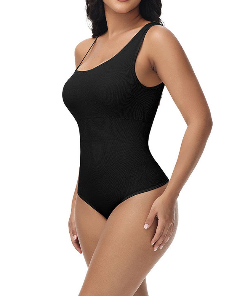 One-Shoulder Bodysuit With Padded Bust Tummy Control And Hip Lifting.