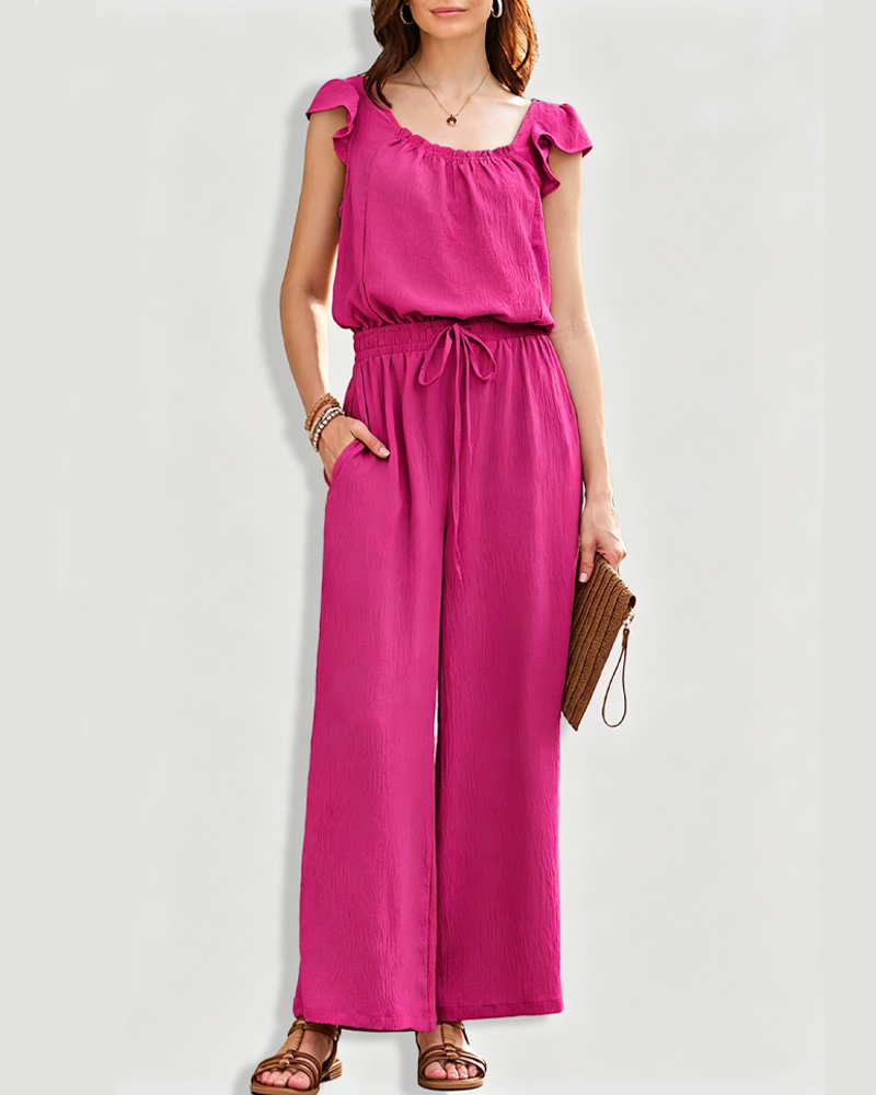 Square Neck Ruffle Sleeve Drawstring Waist Jumpsuit with Pockets