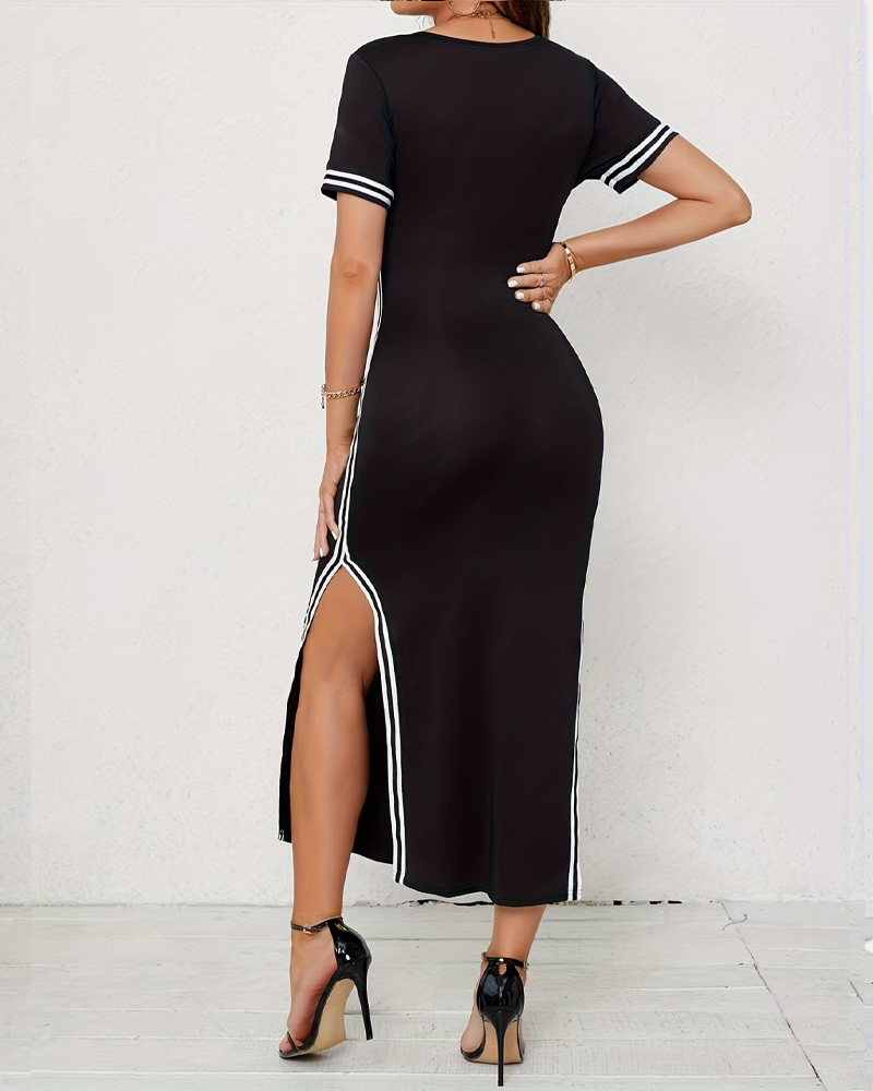 Casual Striped Short Sleeve Split Slim Fit Dress