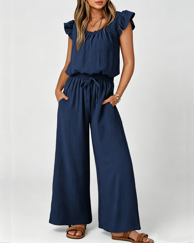 Square Neck Ruffle Sleeve Drawstring Waist Jumpsuit with Pockets