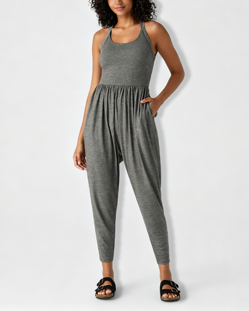 U Neck Harem Casual Jumpsuit with Side Pockets & Open Back Waist Design