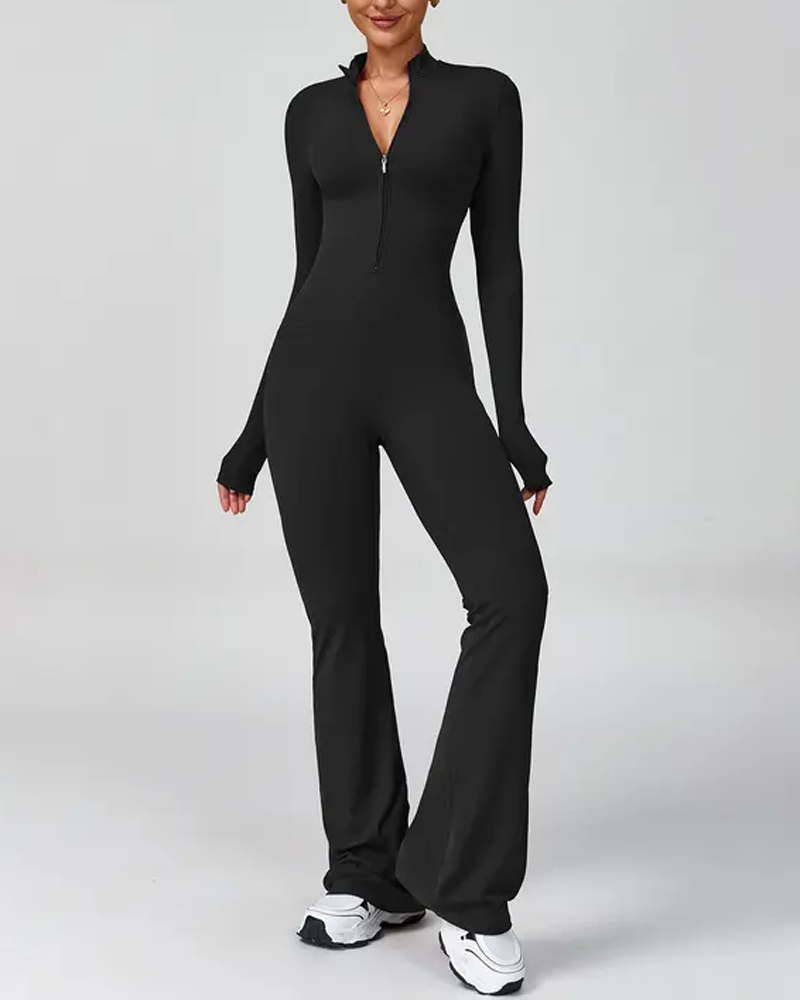 Long-Sleeved Flared Athletic Zipper Jumpsuit