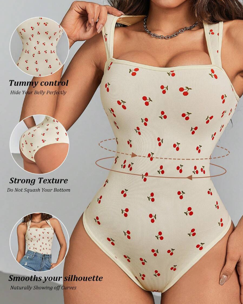 Square Neck Sleeveless Stretch Tummy Control Printed Bodysuit