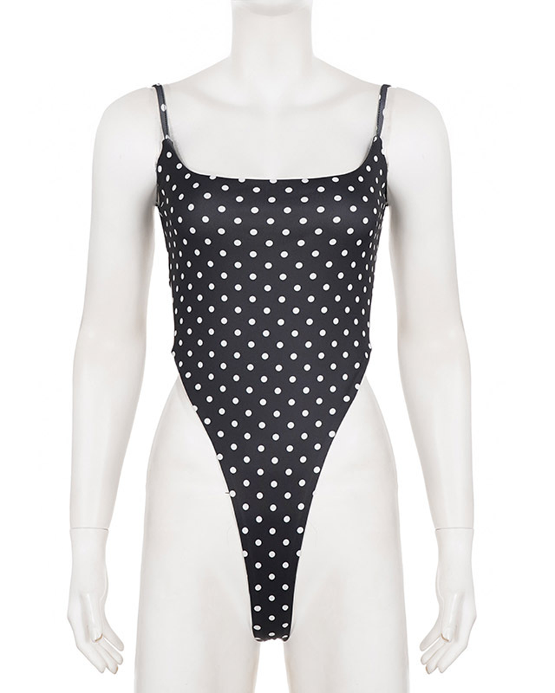 Stylish Black White Polka Dot Cutout Lace-Up Slim-Fit Bodysuit