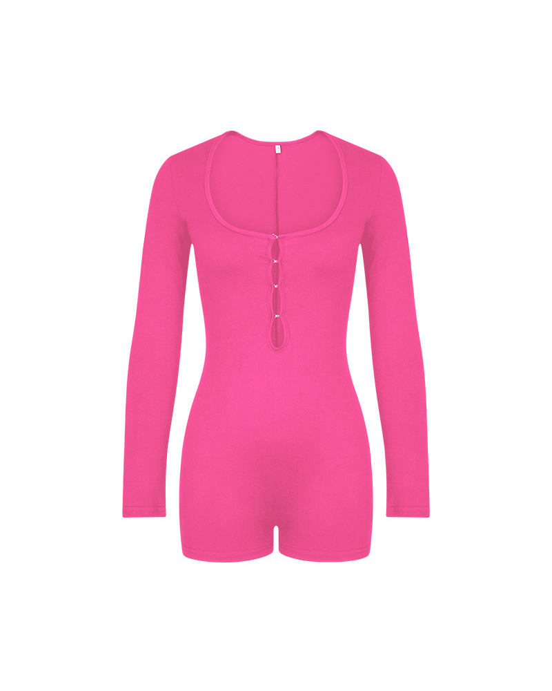 Tight-Fitting Hollowed-Out Round Neck Long-Sleeved Bodysuit