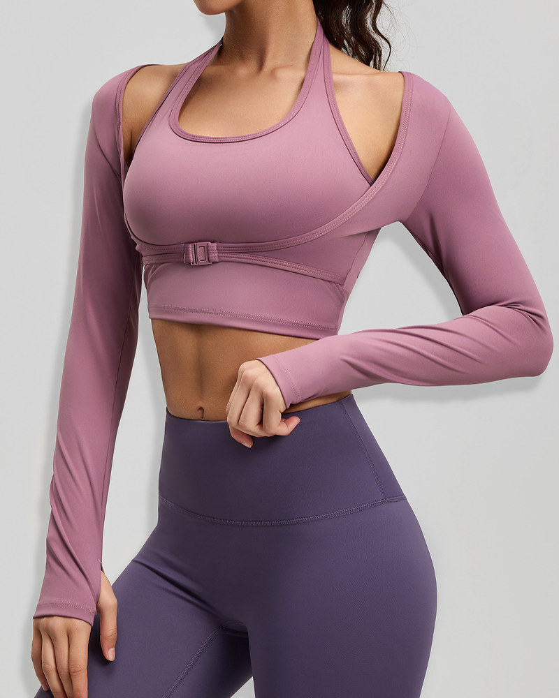 Halter Neck Long Sleeve Workout Crop Top with Built-in Sports Bra