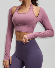 Halter Neck Long Sleeve Workout Crop Top with Built-in Sports Bra
